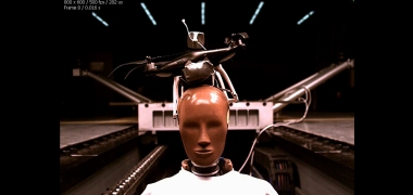 Front frame visual of UAS crash test shows representation of human head collision